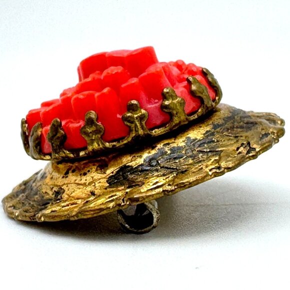 Coral Celluloid Brass Brooch Pin Floral Design Estate Antique Victorian Carved - Picture 5 of 7